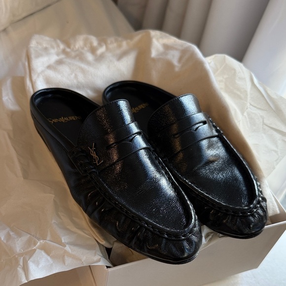 Saint Laurent Black Leather Slip-On Penny Mule Loafers with YSL Accent
